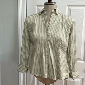 Ann Taylor shirt button down vertical stripes Cotton green white women’s size 8